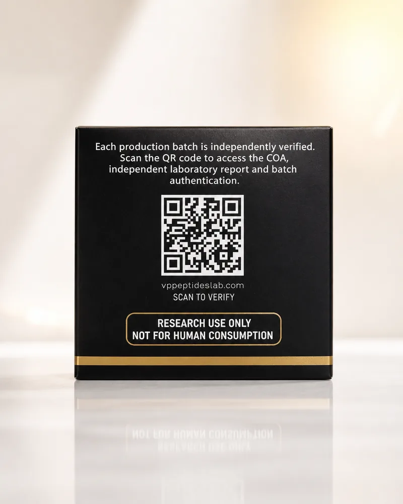 VP Peptides box QR code, scan to verify the batch COA